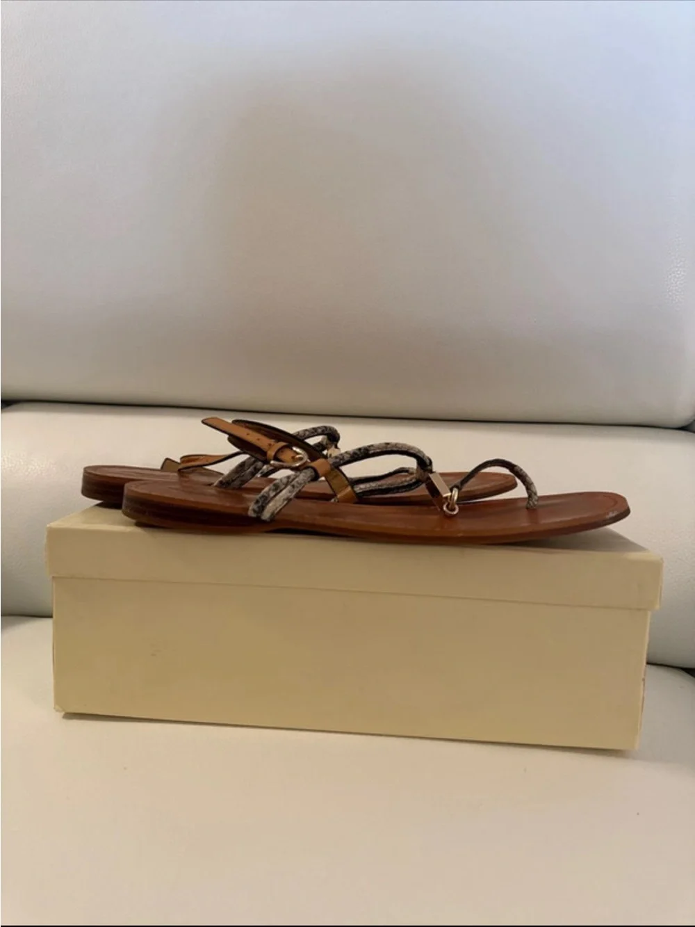 COACH BROWN LEATHER T-STRAP SANDALS WITH SNAKESKIN TRIM